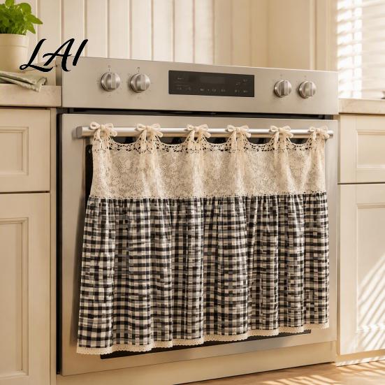 Farmhouse Kitchen Linen Decor Stove Skirt Plaid Crochet Lace Oven Curtain Appliance Handle Shield Skirt Curtain with Ties for Cottage Cover