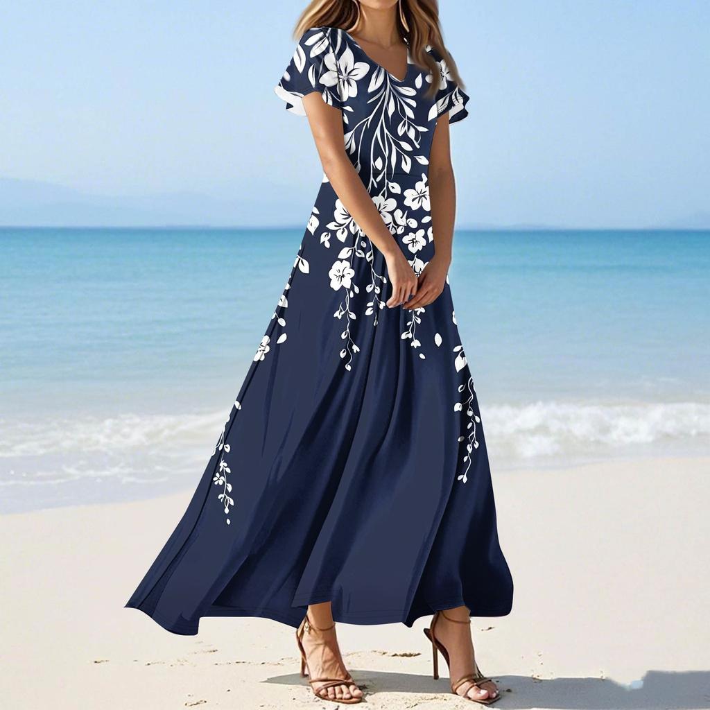 Women's Casual Fashion Print Long Dresses V-Neck Short Sleeve Dresses