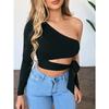 Women Lady Bandage Slim Tee Tops Long Sleeve One-shoulder Bow-tie Elastic Solid T Shirt Cold Shoulder Sexy Crop Top Club Street