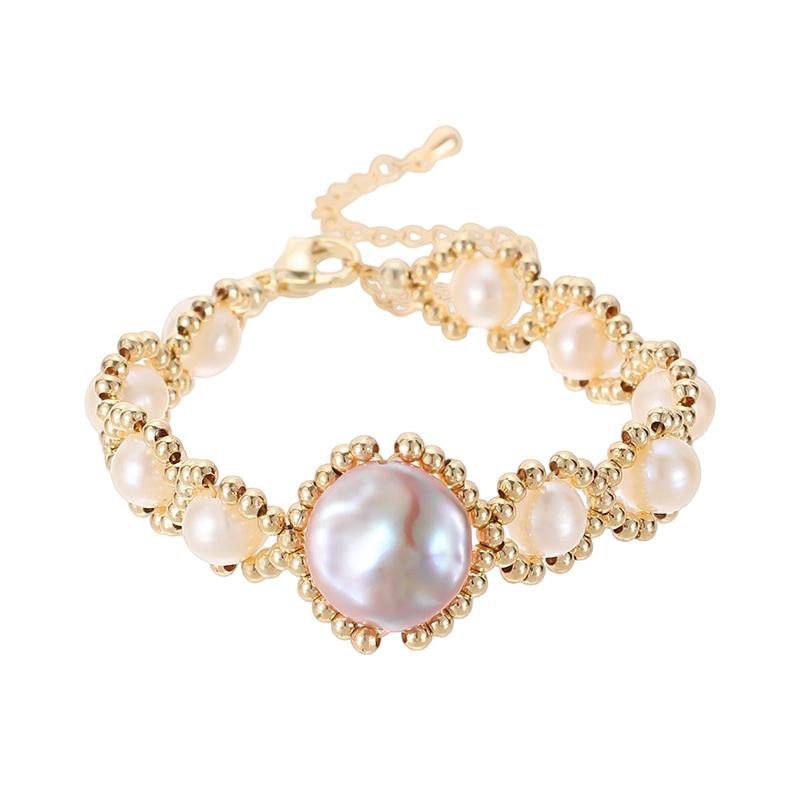 Vintage-Inspired Handmade 14K Gold-Filled AAAA Grade Coin Pearl Bracelet with Elegant Brass Details Lobster Clasp for Weddings