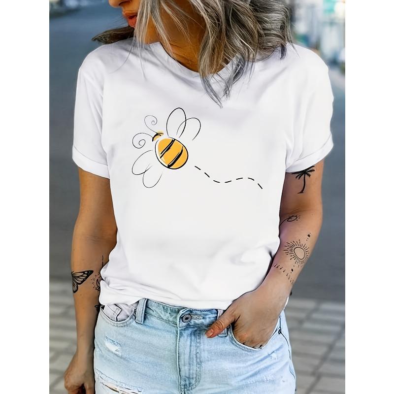 Women's Yellow Bee & Honeycomb Graphic T-Shirt Casual Short Sleeve Round Neck Lightweight Tee