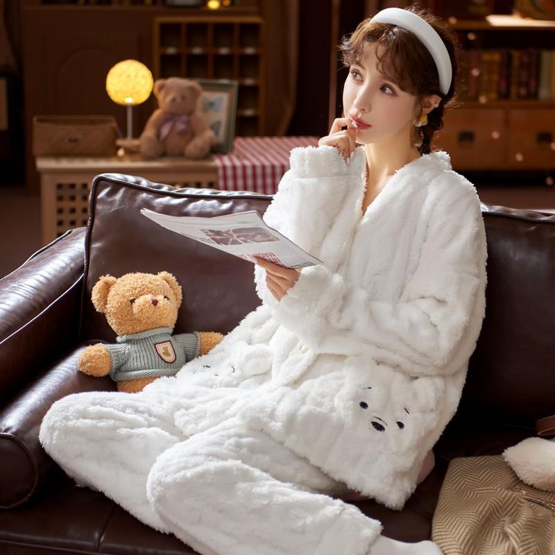 Фланелевая пижама с медведем и карманами для женщин с принтом, корейская милая повседневная свободная одежда для девочек Kawaii, осенне-зимняя теплая одежда для сна, шикарная тенденция