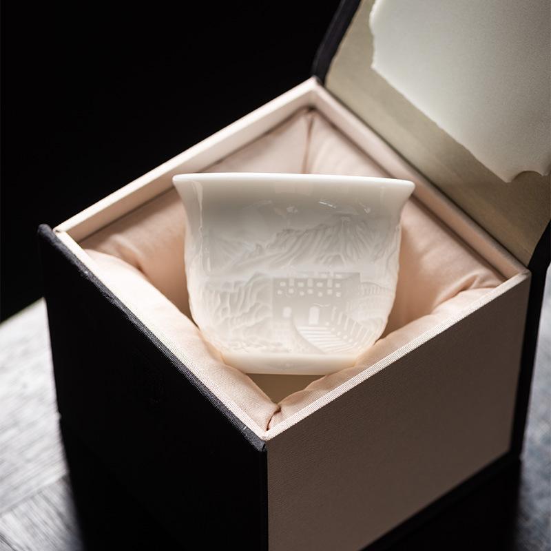 Dehua handmade suet jade relief kung fu master teacup ceramic tea cup kung fu teacup household fragrant cup