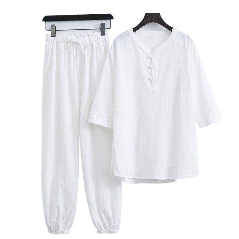 Мужской летний хлопково-льняной комплект в китайском стиле с застежками-лягушками и рукавами три четверти