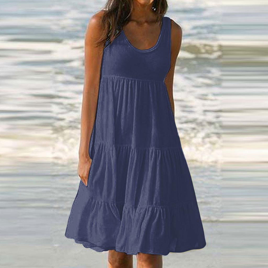 Женские платья-жилеты Лето-весна Плиссированные богемные платья Симпатичные струящиеся пляжные платья без рукавов Прямая футболка Платья-майки Платья с круглым вырезом