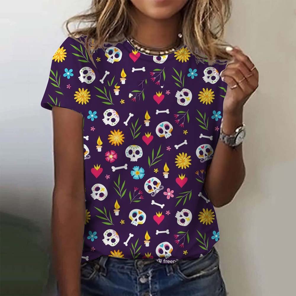 Summer Round Neck 3D Colorful Skull Pattern Print Top Fashionable Casual Short Sleeved Women's T-shirts