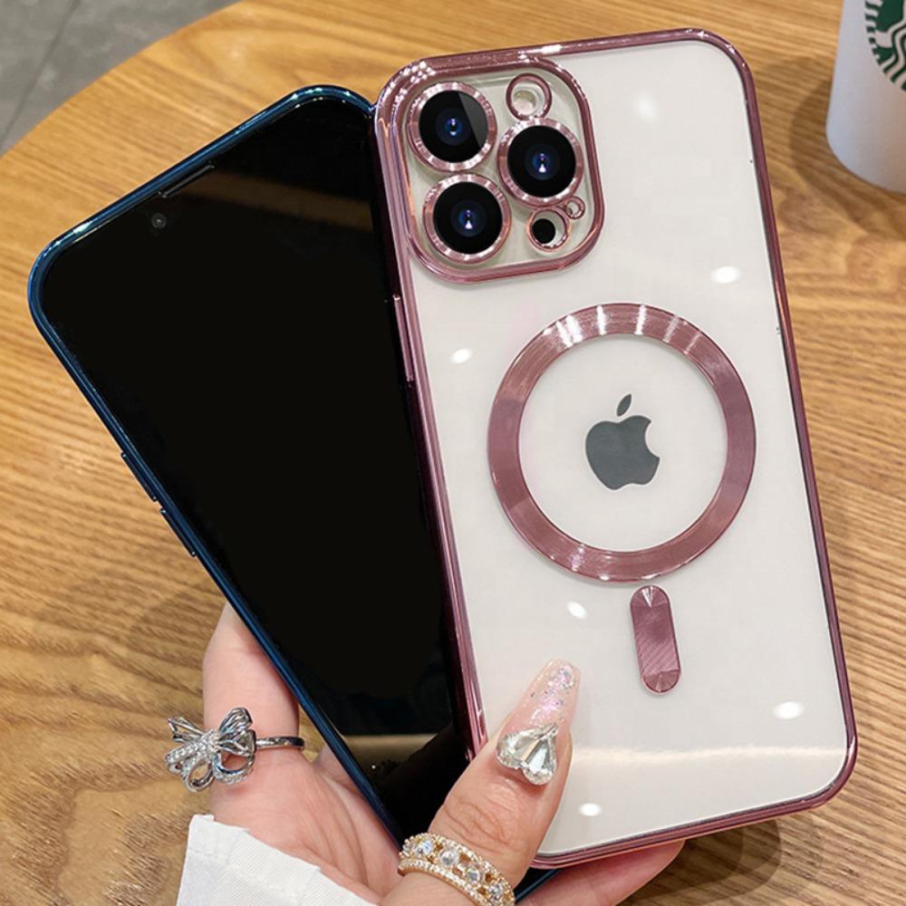 Luxury For Magsafe Magnetic For iPhone 16 15 14 13 12 11 Pro Max Plus Transparent Pink Soft Plating Lens Protection Case Cover