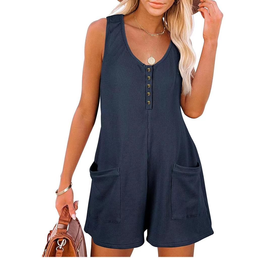 Womens Casual Scoop Neck With Pockets Sleeveless Button Down Tank Top Jumpsuit Shorts Rompers