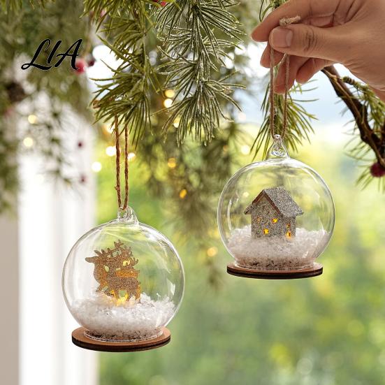 Lighted Christmas Tabletop Decor Glass Ball Ornament, LED Winter Snow Scene Wonderland Props Hanging Bauble with Reindeer Cabin for Tree Decorations