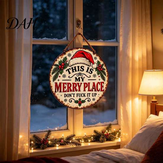 Funny Seasonal Wall Plaques for Living Room This Is My Merry Place Christmas Door Hanger, Wooden Holiday Welcome Decor Dormitory Sign with Jute