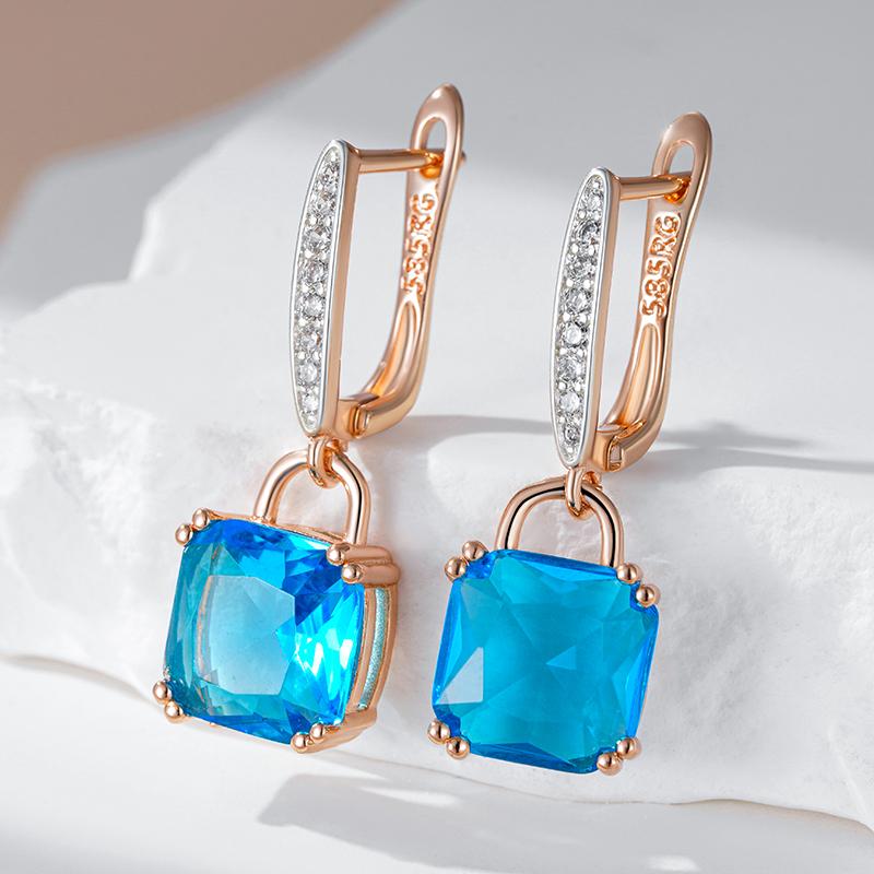 Square Blue Natural Zircon Dangle Earrings For Women  Rose Gold  Color Mix High Quality Daily Fine Jewelry