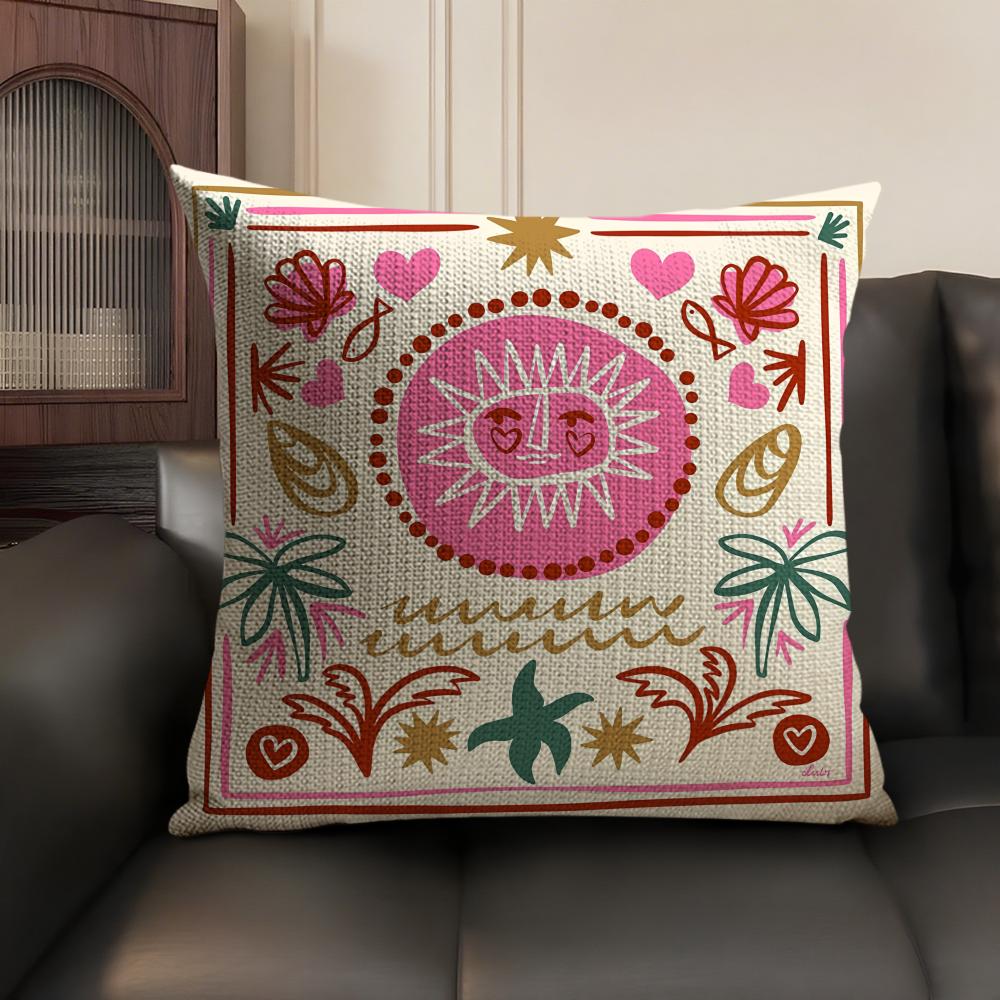 Cute Cartoon Flowers Fashion Art Cushion Cover Natural Linen Organic Fabric DoubleSided Printing Sofa Home Decor Pillow Case