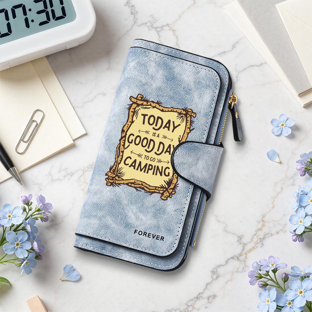 Women Camping Theme Long Wallet Casual Portable Multi Card Slot Purse Fashion Daily Use Clutch
