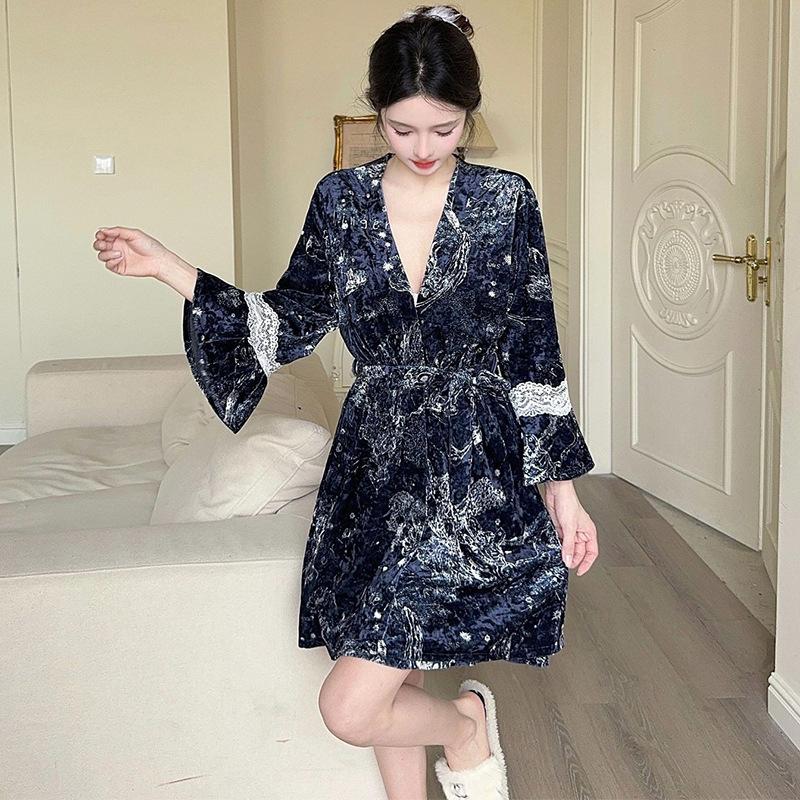 1011 new ink painting two-piece set autumn and winter golden velvet pajamas women with chest pads sexy nightgown women