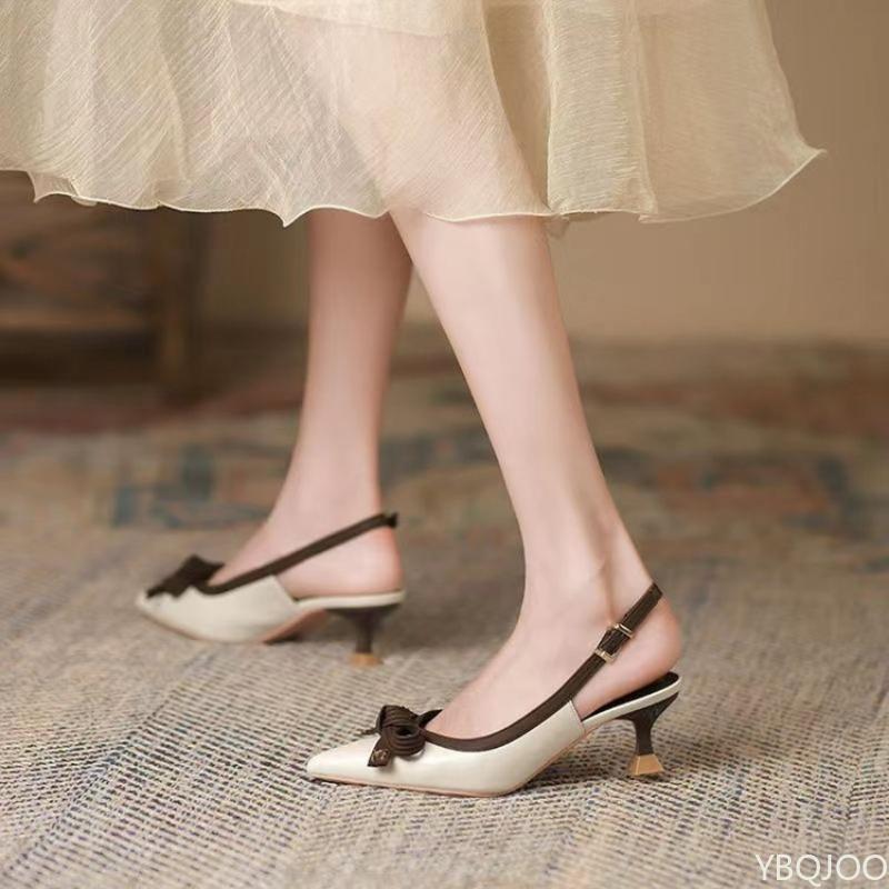 Elegant Bow Thin Heel Pointed Toe Shallow Mouth Single Shoe Color Blocked Simple Casual Fashionable Women's Shoes