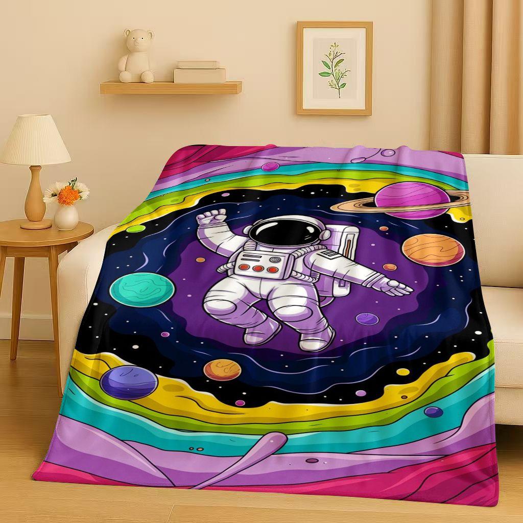 New Cartoon Astronaut Spaceman Planet Flannel Blanket,Ultra Soft Plush Throw for Home Bedroom Bed Sofa Cover Kid Christmas Gift