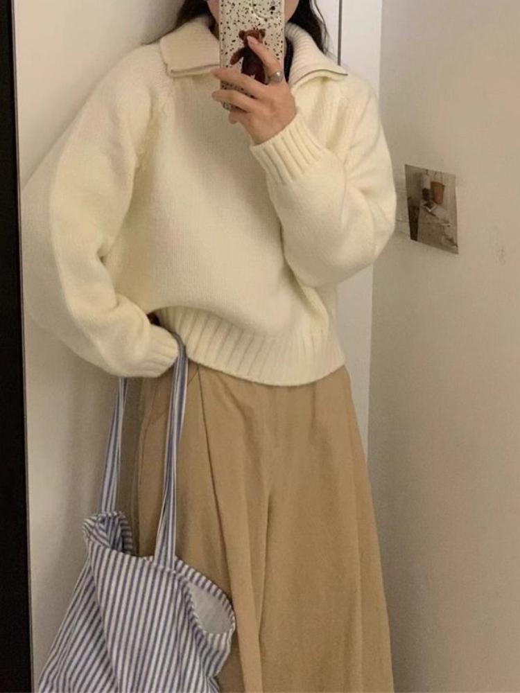 Дизайнерский свитер с полумолнией и лацканами, женский осенне-зимний новый корейский свитер со стоячим воротником, свободный, для ношения на улице