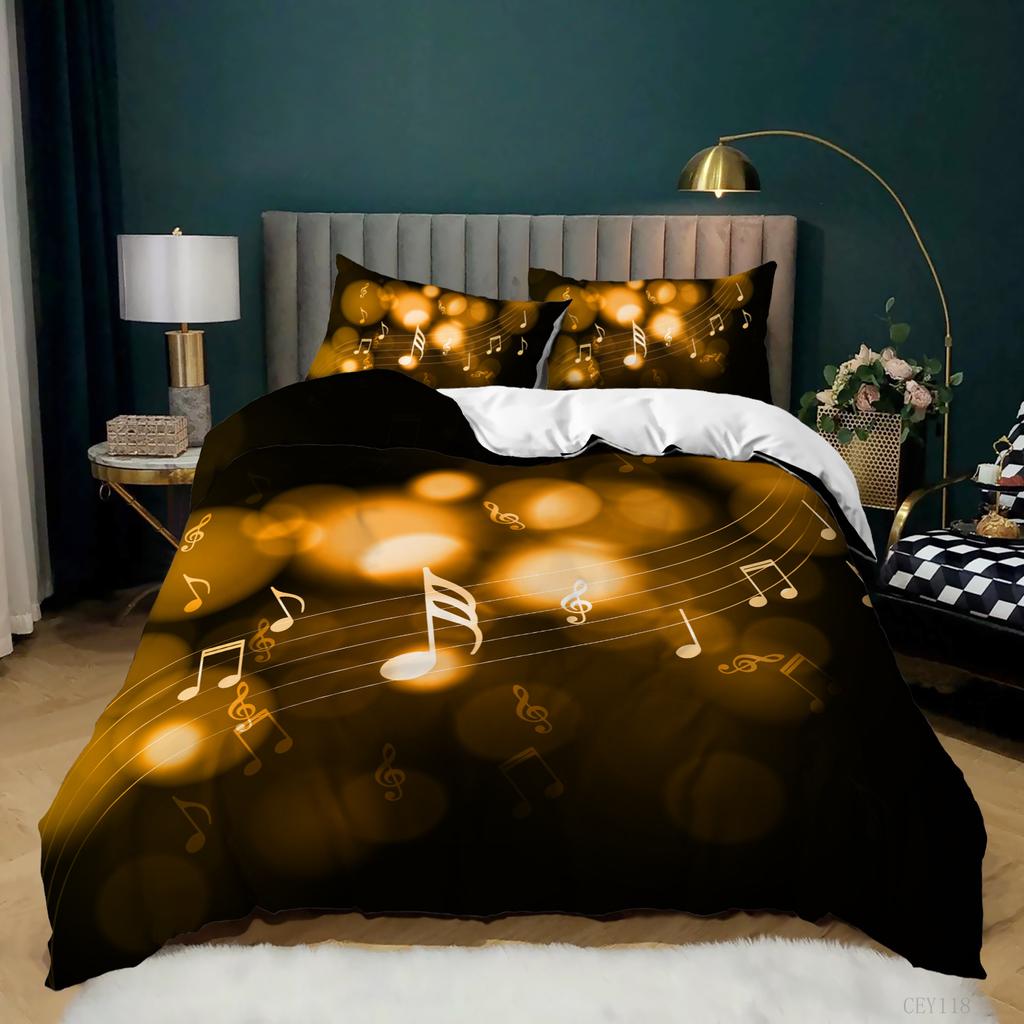 Комплект постельного белья с музыкальным принтом и черным фоном с нотами, пододеяльник, наволочка из 2 или 3 предметов, ткань из микрофибры, мягкое и удобное украшение для дома