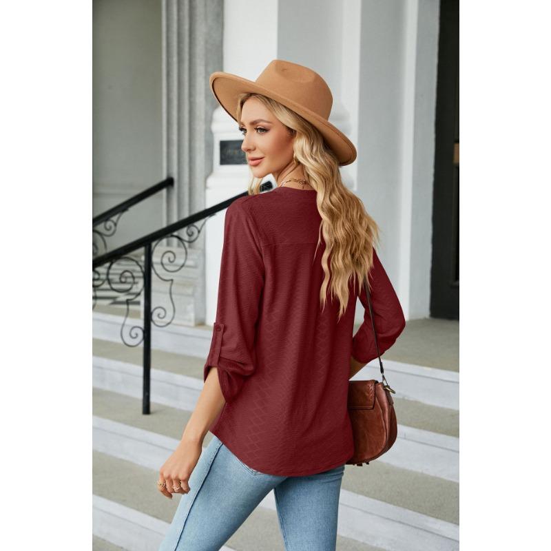 YYFS Женские модные повседневные летние весенние однотонные блузки и рубашки с рукавами 3/4 и v-образным вырезом с принтом