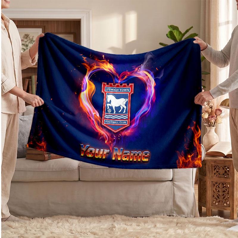 Ipswich Town Personalized Fleece Blanket With Football Logo, Custom Name Text Soft Warm Home Throw Blanket