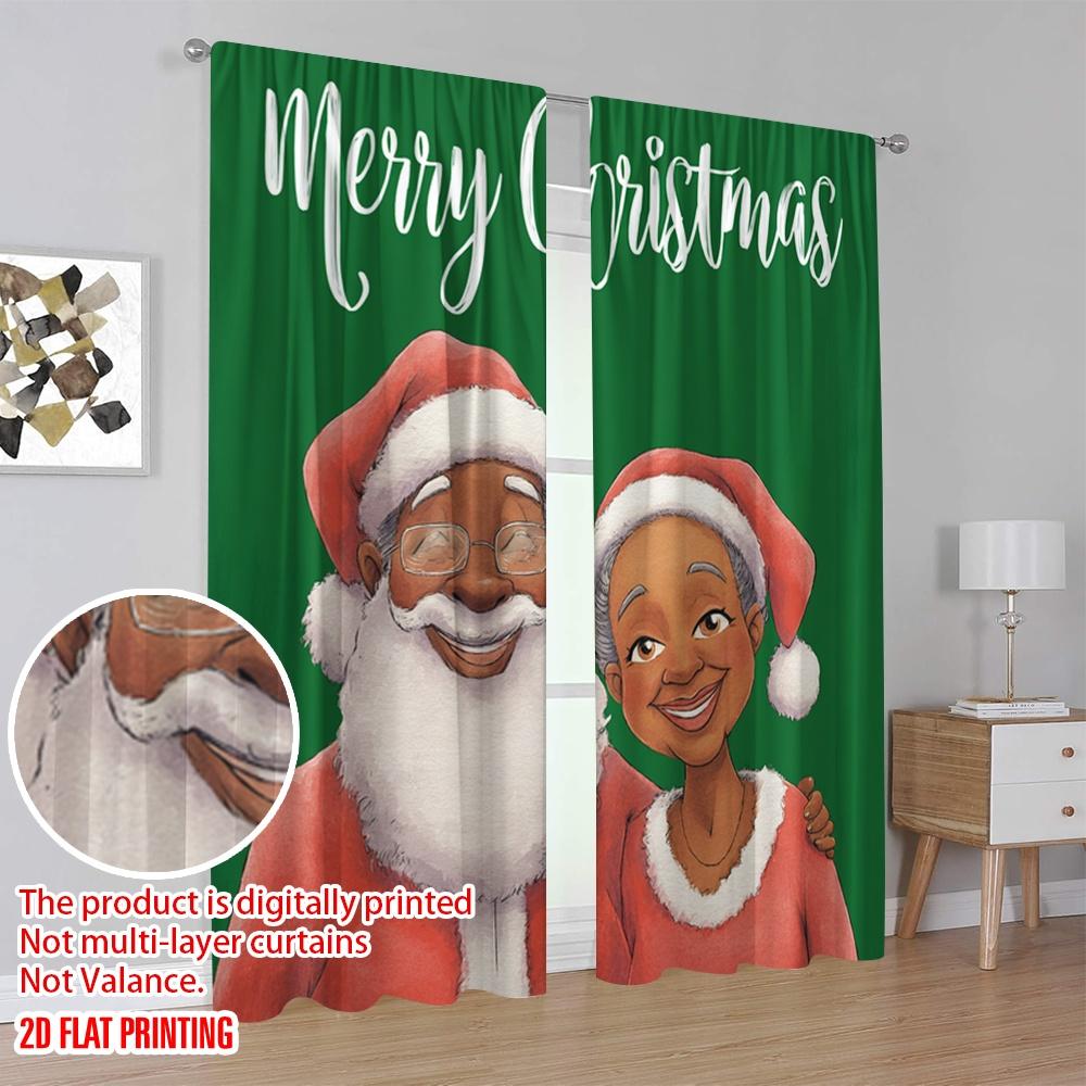 2pcs,2D plane printing Curtains Black Santa Claus & Mrs Polyester (without rod) All Seasons for Living Room & Kitchen Decor