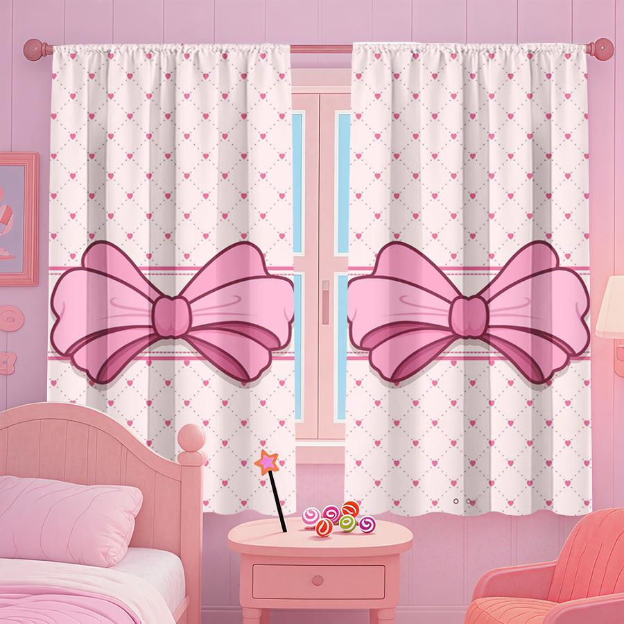 2 Pack Cute Pink Bow and Heart Curtains, Flat Print, Light Filtering Fabric, Bedroom Living Room Window Decor, Valentine's Day