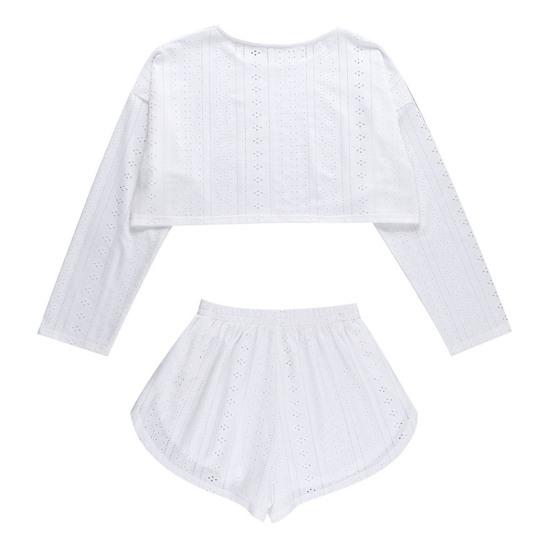 2 Pcs/Set Women Top Shorts Suit High Waist Shorts Hollow Out Loose Cropped Blouse Long Sleeves Solid Color Outfit for Sport Jogging Sleeping