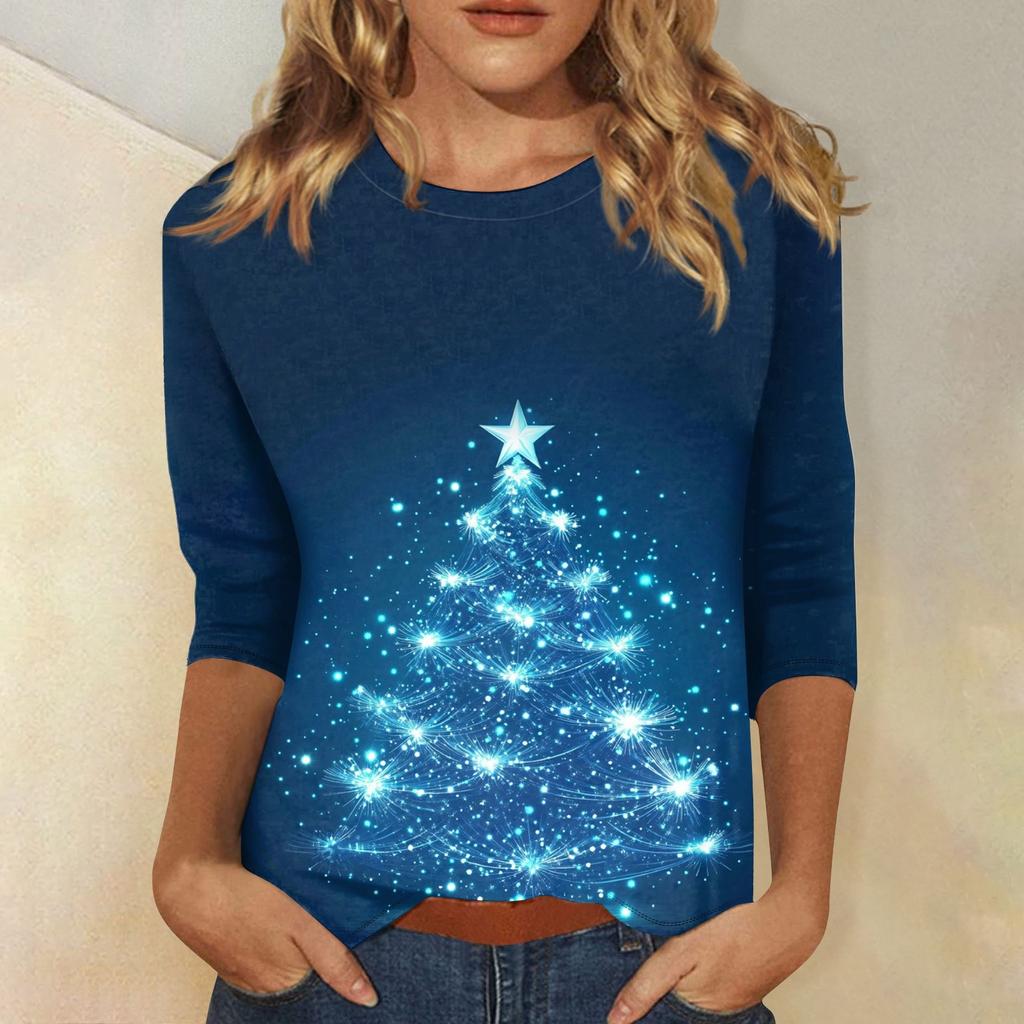 Women's O-Neck 3/4 Sleeve Christmas Print Top