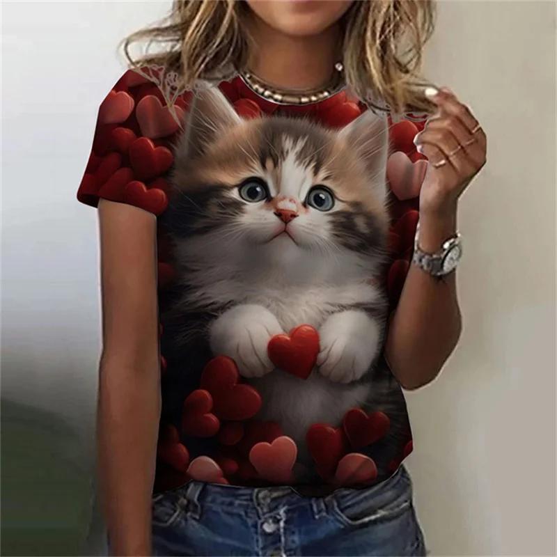 Модная женская футболка с 3D принтом Kawaii Cat Pattern, топ с короткими рукавами и круглым вырезом, летняя уличная повседневная уличная простая одежда