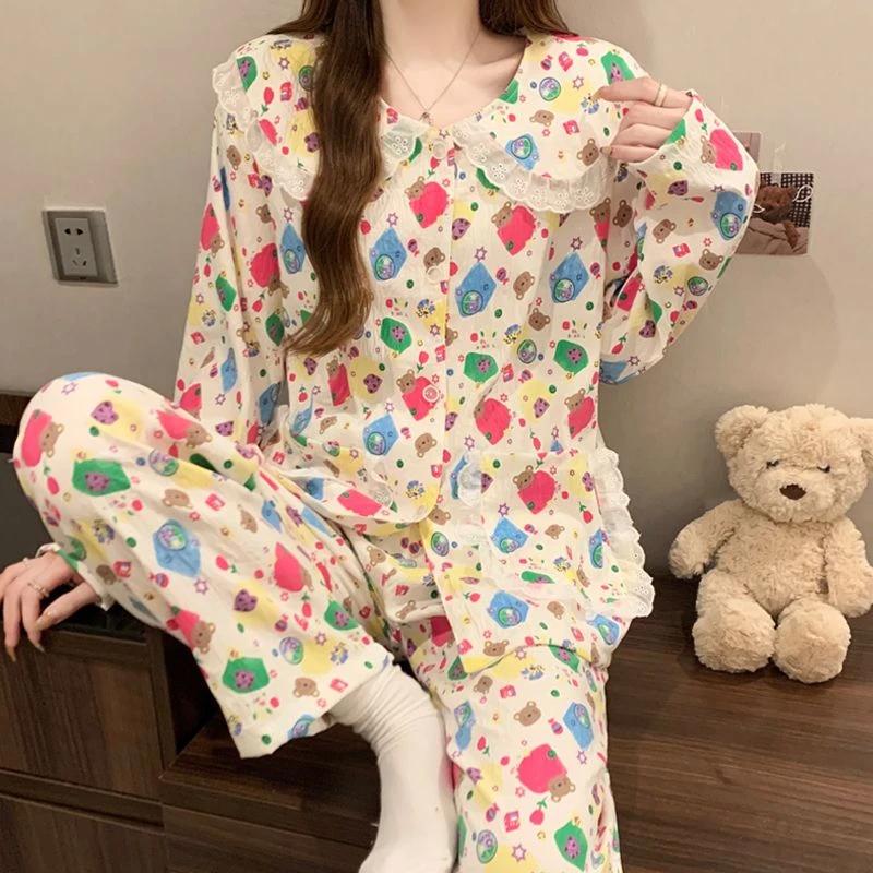 Fashion Colorful Bear Women's Kawaii Pajamas Casual Sweet Cute Cartoon Print Homewear New Spring Cloud Cotton Sleepwear