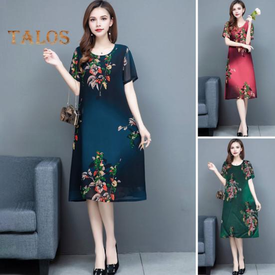 Женское летнее платье среднего возраста с цветочным принтом, круглым вырезом, короткими рукавами, двухслойное платье длиной до колена, больших размеров, свободное женское платье миди для выпускного вечера