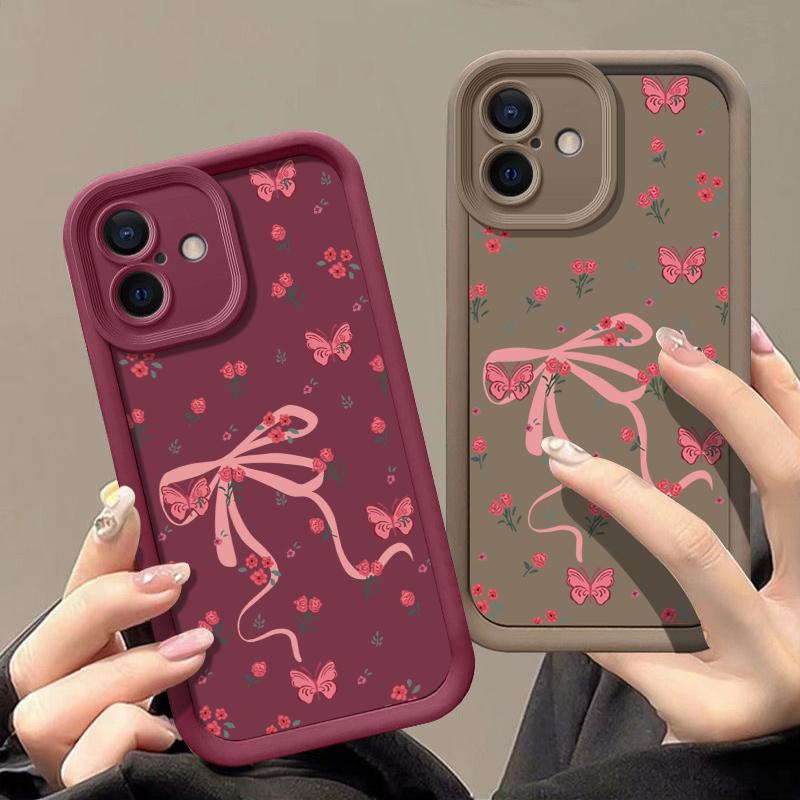 Матовый чехол TPU с цветочным принтом и бантом для iPhone 16 Pro Max 15 Pro 14 13 12 11 XS XR, защита линз, противоударный мягкий силиконовый чехол для телефона