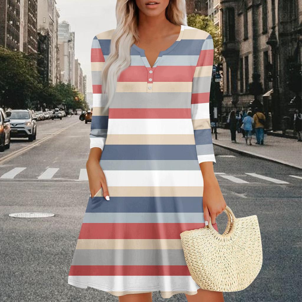 Women's Summer Dress Loose V Neck Three-quarter Sleeve Sundress With Pockets Dress