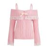 Women Off Shoulder Knit Sweater Pink Pullover Sweet Pullovers Long Sleeve Bow Lace Patchwork Jumpers Y2k Streetwear