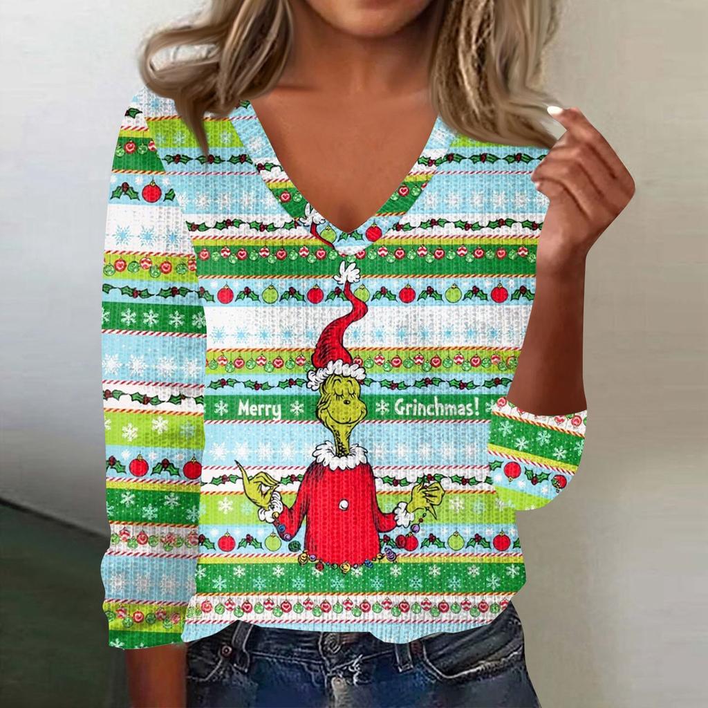 Women's Cute Sweatshirt Knitted Fashion Casual V-neck Long-sleeved Cozy Print Top