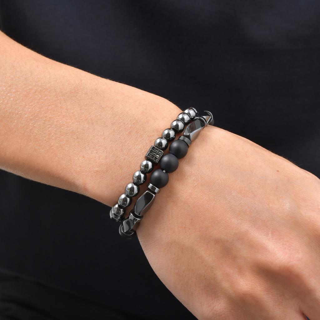 Vnox 2pcs/set Matte Black Onyx Hematite Beaded Bracelet Set Natural Stone Stretch Bracelets Fashion Jewelry Gifts for Men Women