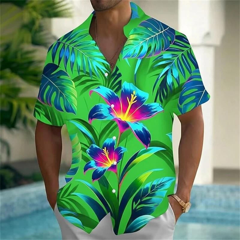 Men's Tropical Flower Palm Leaf Summer Hawaiian Shirt Button Short Sleeve Trendy Resort Shirt