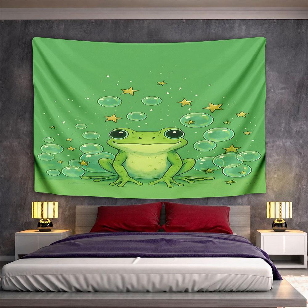 Frog with Stars and Bubbles on Green Pattern Wall Hanging Tapestry Decorative Tapestry Home Decor for Bedroom and Living Room