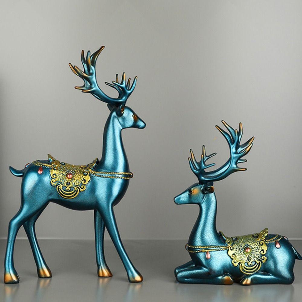 2pcs Modern Elk Statue Resin Animal Sculpture Couple Deer Ornaments Micro Landscape