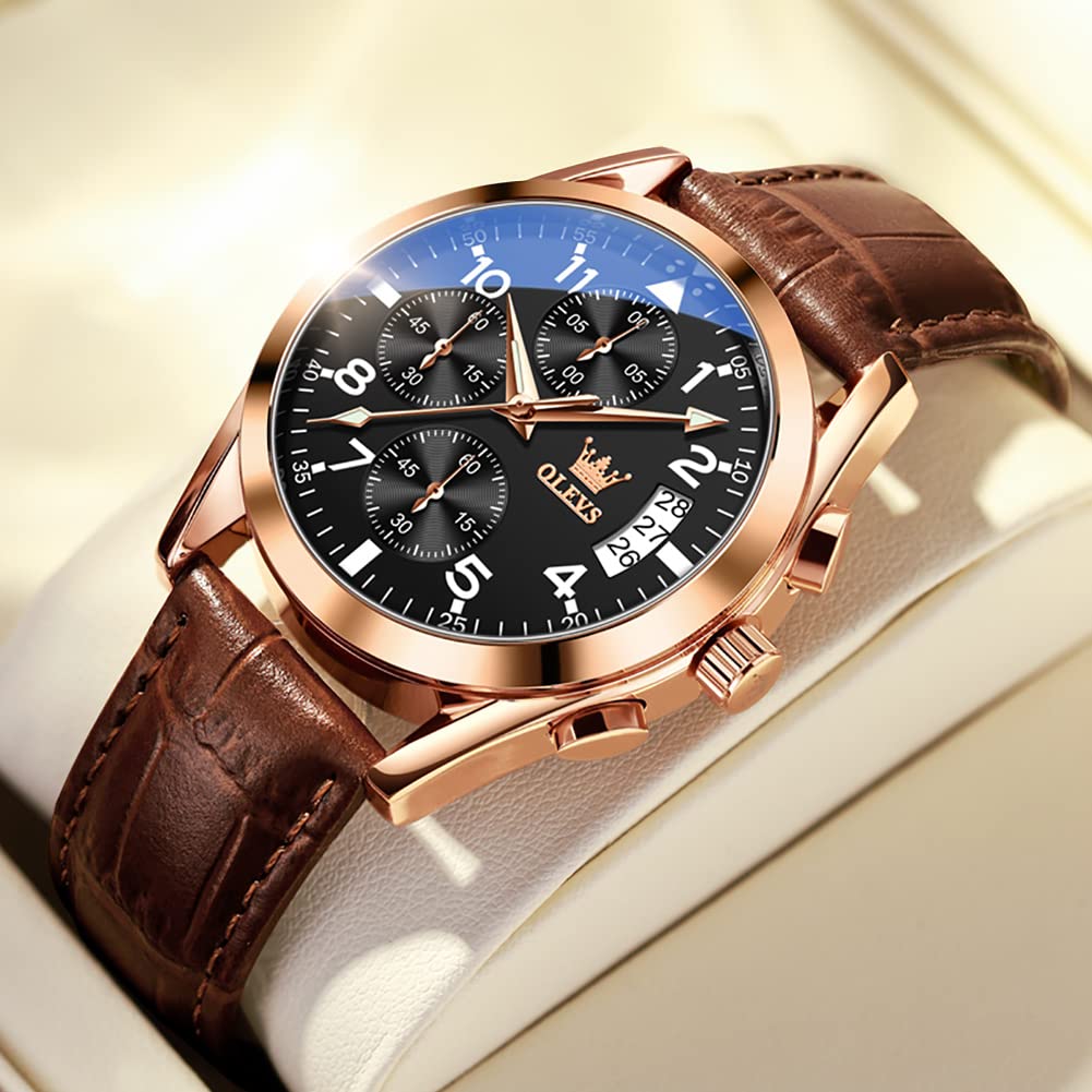 Часы OLEVS Business Водонепроницаемые часы Коричневый кожаный ремешок Популярные наручные часы для мужчин Легко читаемая дата Простые кварцевые крутые черные текстовые часы на арабском языке
