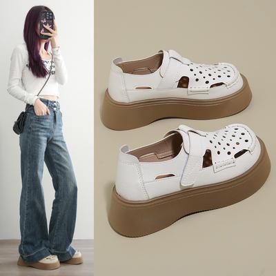 Ретро сумка голова сандалии женские летние новые полые женские толстоподошвенные дышащие туфли с отверстиями