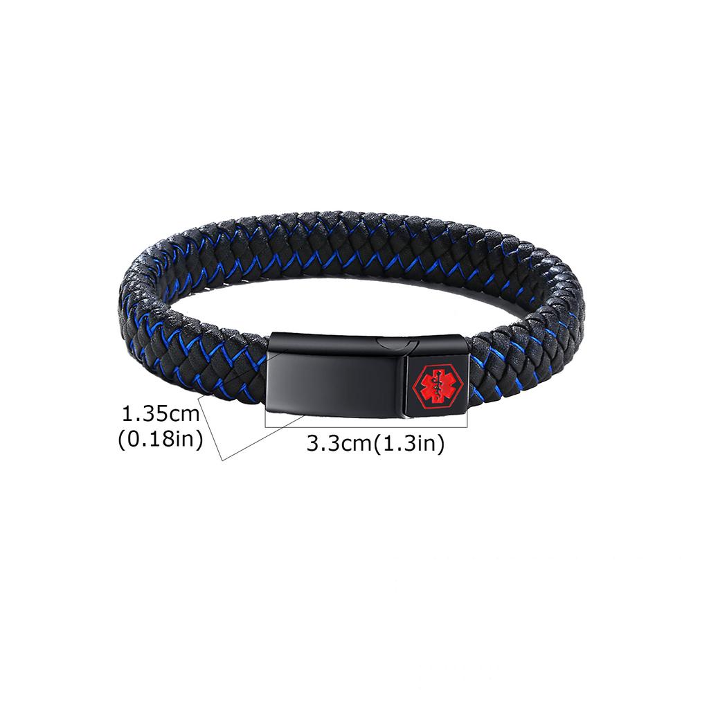 Customized Engrave Medical Alert ID Bracelet, Stainless Steel Magnetic Buckle Woven Leather Wristband Bangle for Men
