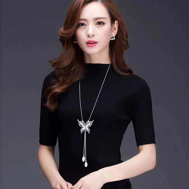 Модное длинное ожерелье с бабочкой-опалом, цепочка для свитера, металлический кулон с кристаллами, ожерелья, аксессуары на шею, модные ювелирные изделия для женщин