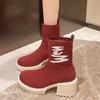 Женские вязаные высокие каблуки, ботильоны, высокие носки, толстые зимние ботинки на платформе 2025 года, новые трендовые брендовые ботинки Chelsea Snow, сексуальные туфли-лодочки из плетения