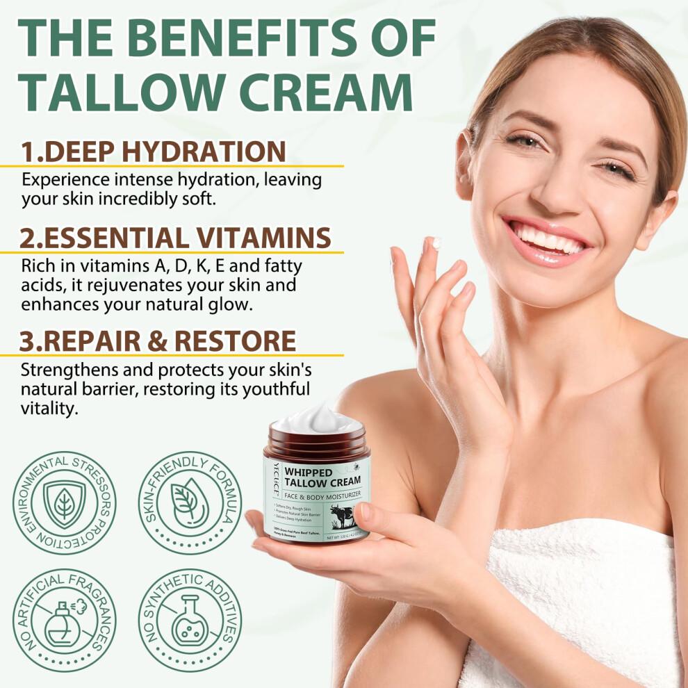 Beef Tallow Honey Balm - Organic Grass Fed Tallow Face Cream - Deeply Nourishing & Moisturizing Beef Tallow Skin Care for for Dry Skin, 120g