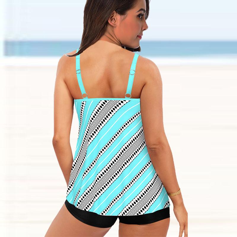 Women's Shoulder Strap Swimsuit Black and White Color Block Combination Print Bikini Tankini Swimsuit