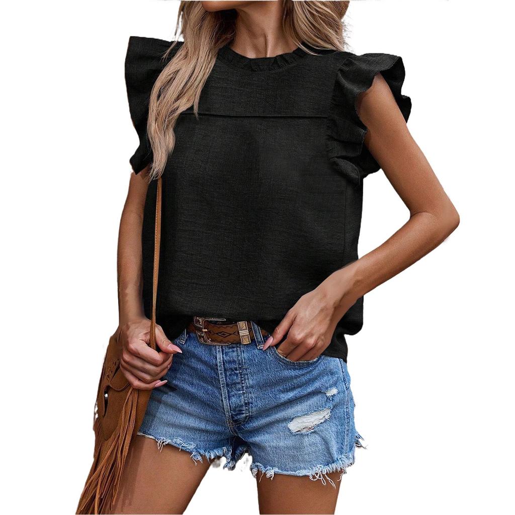 Summer New Women's Casual Solid Color Buckle Round Neck Ruffle Sleeve T-Shirt Top