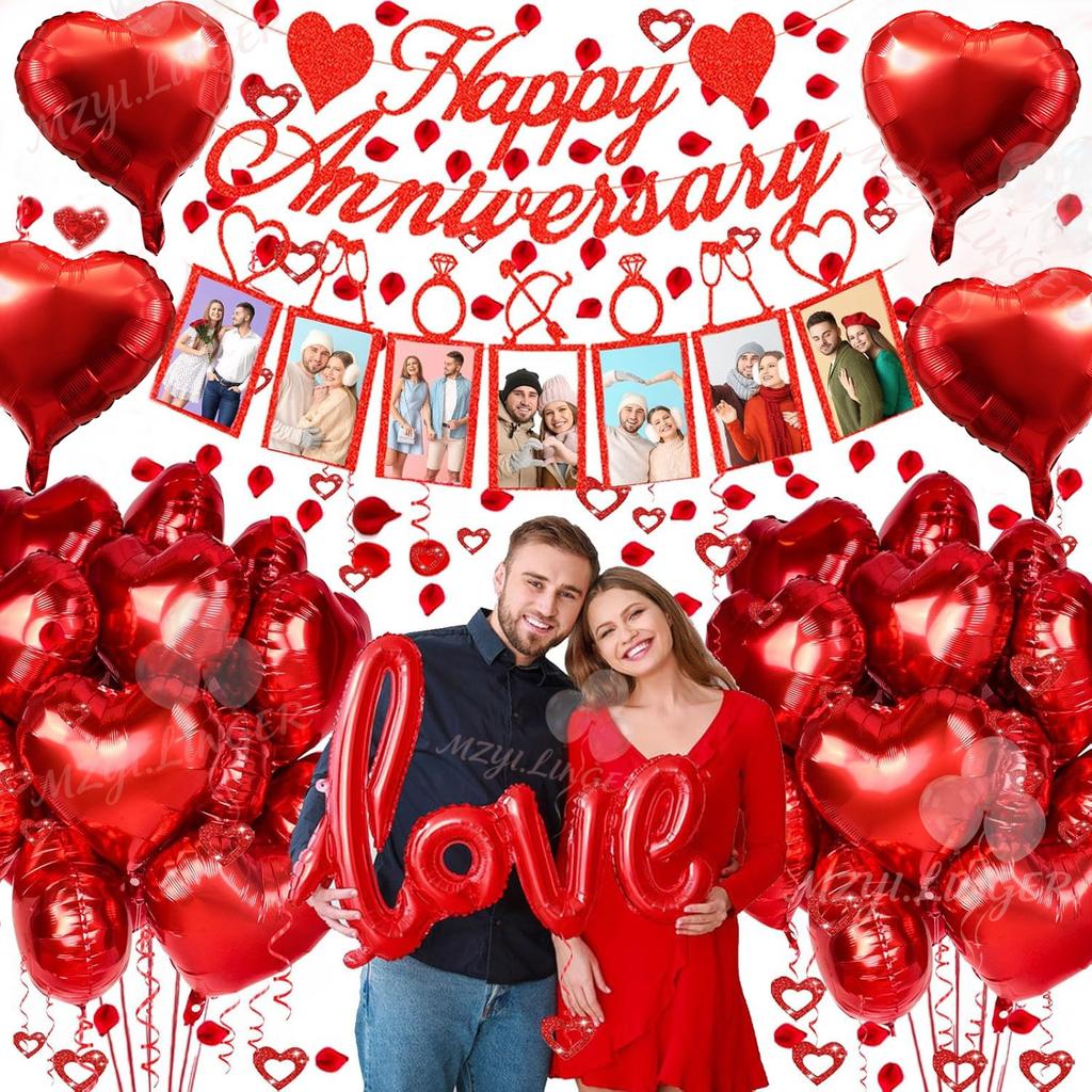 Happy Anniversary Decoration Set Red LOVE Balloon, Photo Banner, Simulated Rose Petals for Wedding Surprise Romantic Decoration
