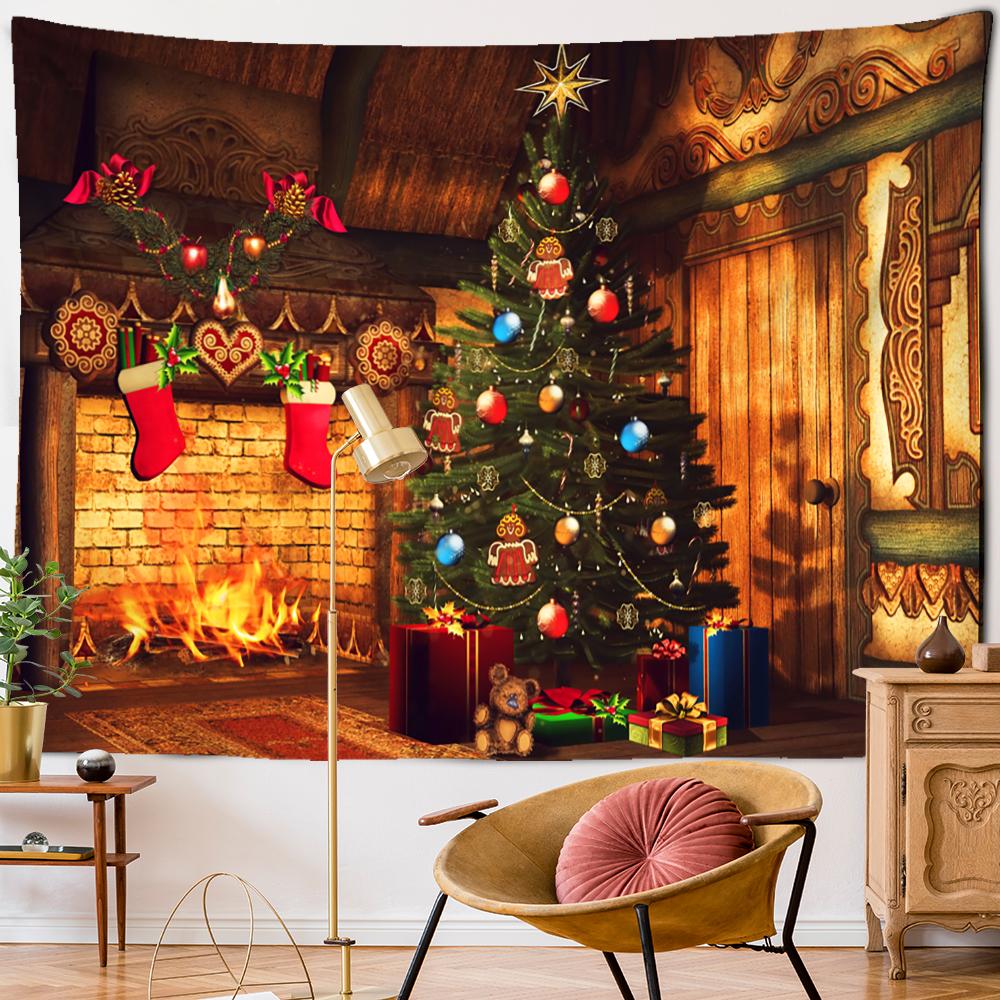 Рождественская елка камин гобелен настенный колдовство психоделический подарок носки новогодняя комната хиппи домашний декор