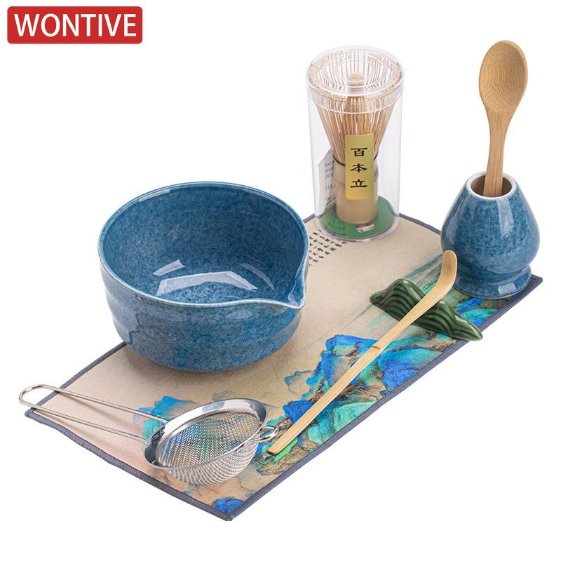8pc/set Japanese Wave Pattern Matcha Ceramic Tea Whisk Standing Leaf Tip Bowl Filter Screen Tea Dial Utensils Tea Ceremony Gift